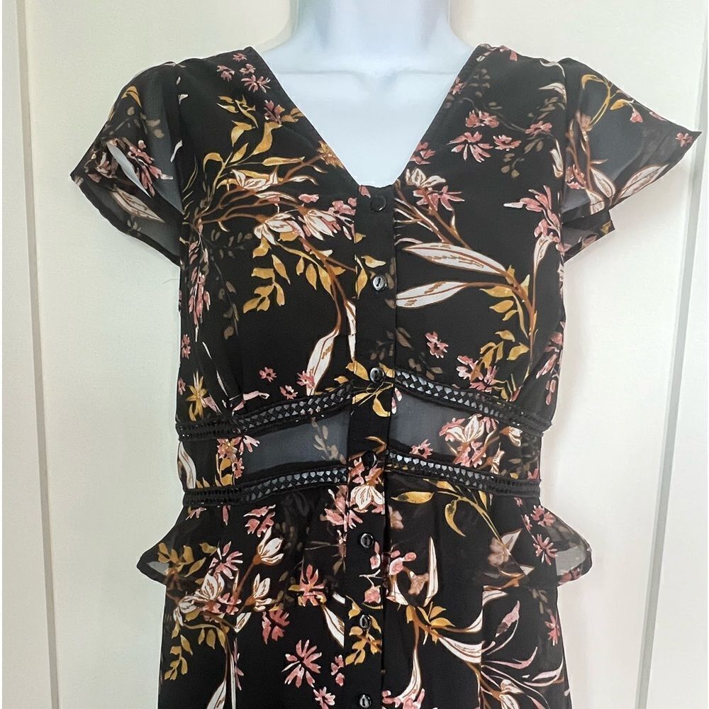 Japna Black Floral Midi Boho Cottagecore Flutter Sleeve Romantic Flowy Dress S - Picture 10 of 11